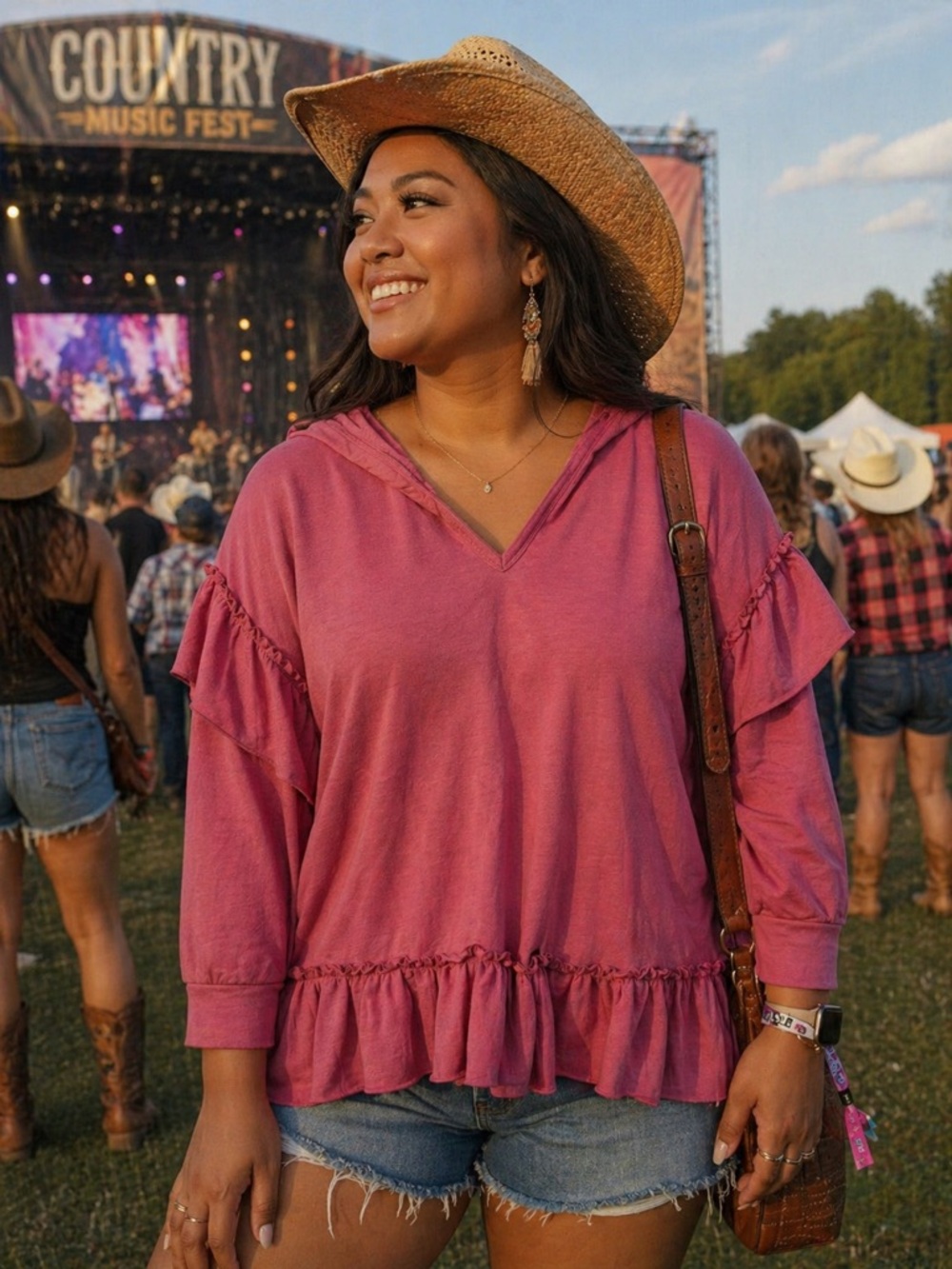Sportelle Rose Ruffle V-Neck Hoodie Tunic